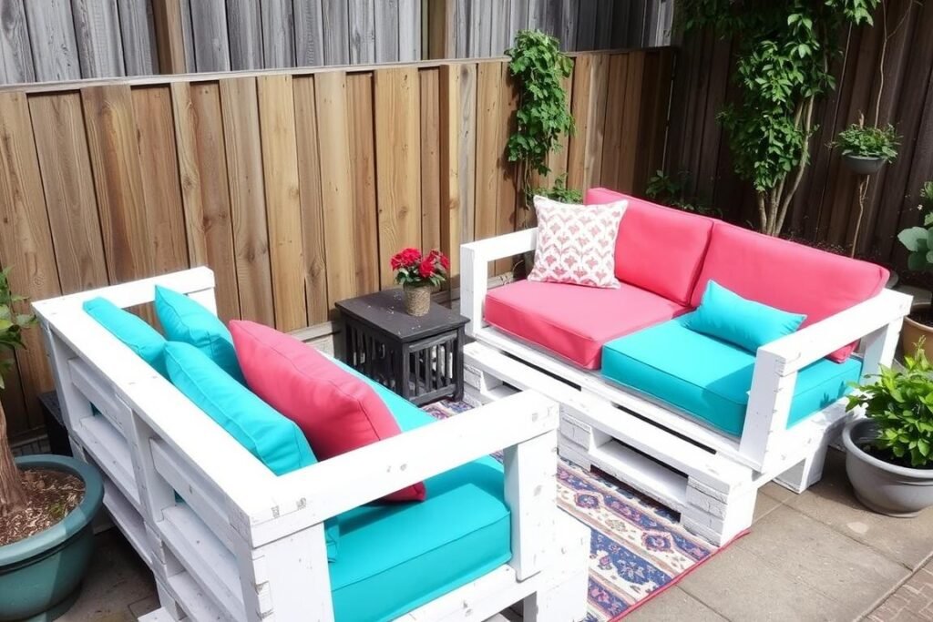 DIY pallet furniture outdoor seating area with colorful cushions