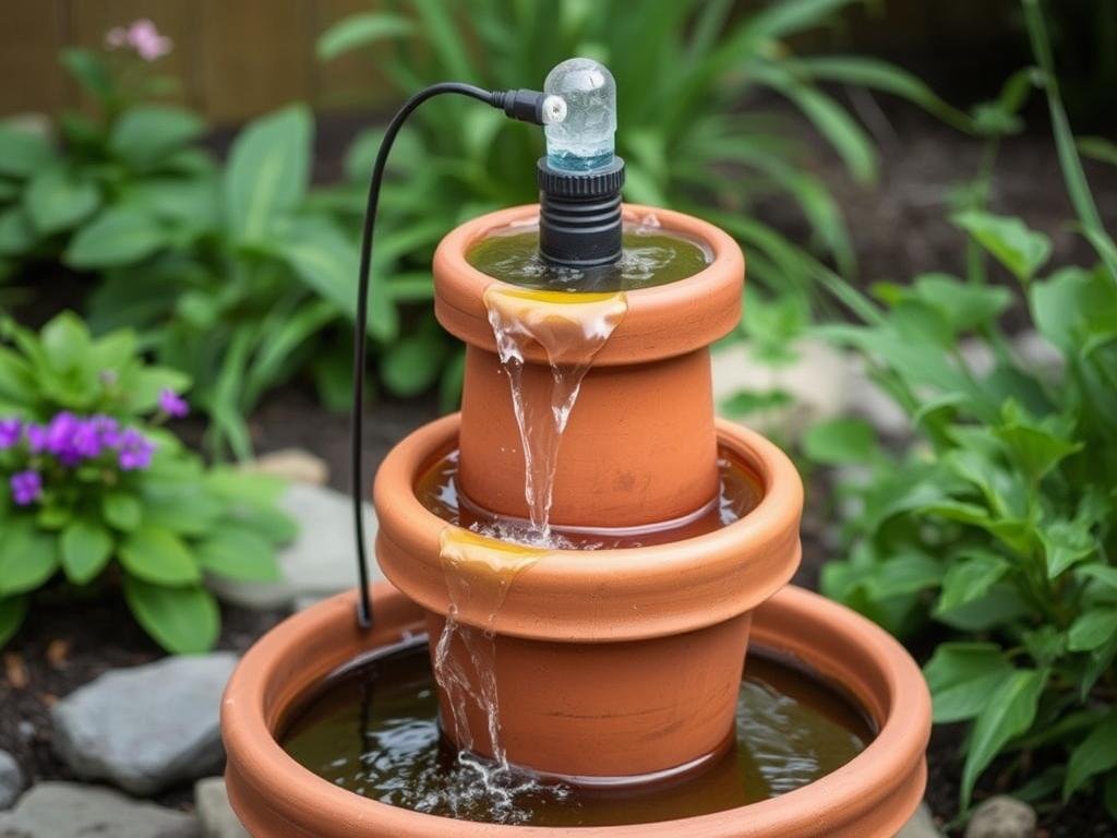 DIY stacked pot fountain on patio corner