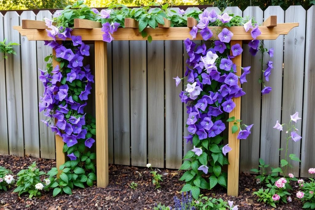 DIY wooden trellis with climbing flowers in backyard garden