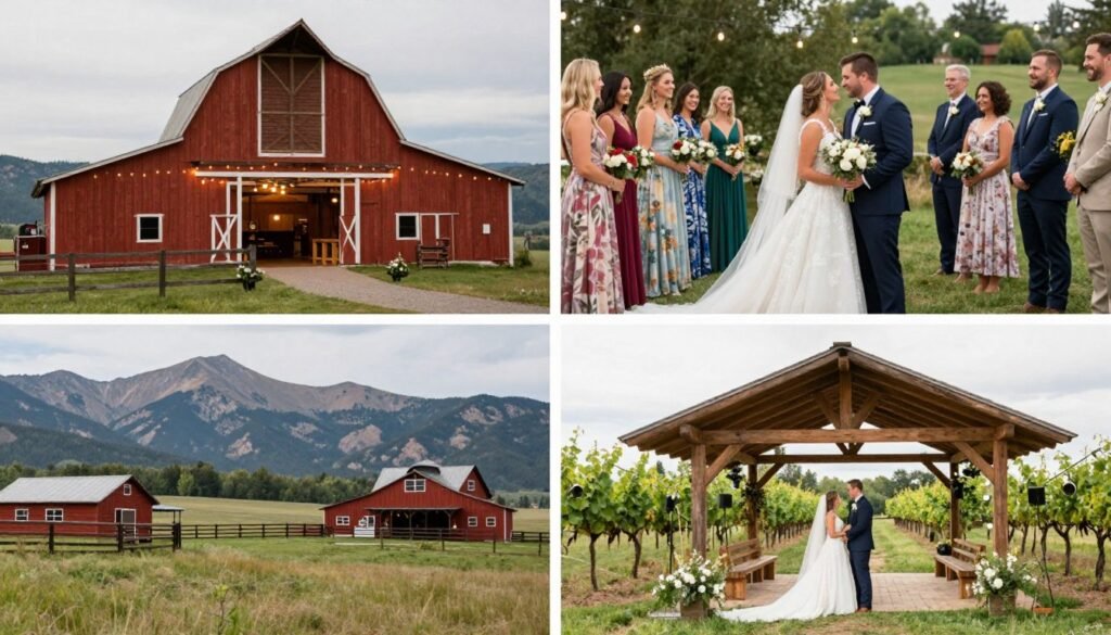 Different western wedding venue types showing rustic barn and outdoor ranch settings
