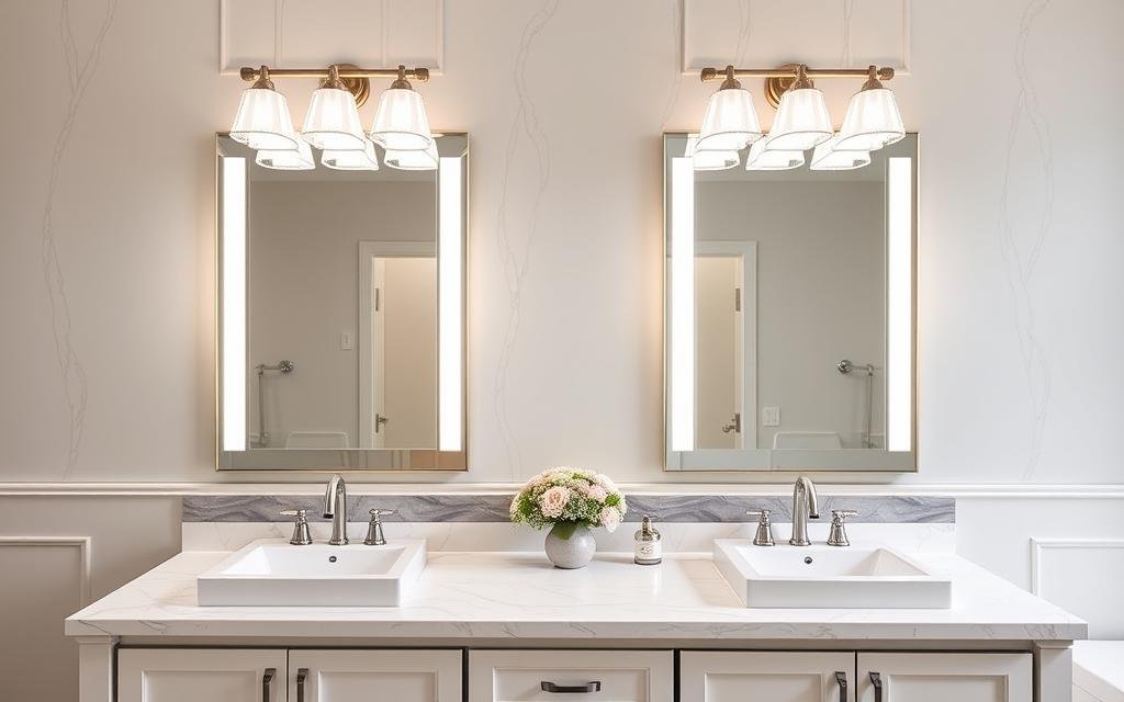 Double vanity with symmetrical lighting design Double vanity with symmetrical lighting design