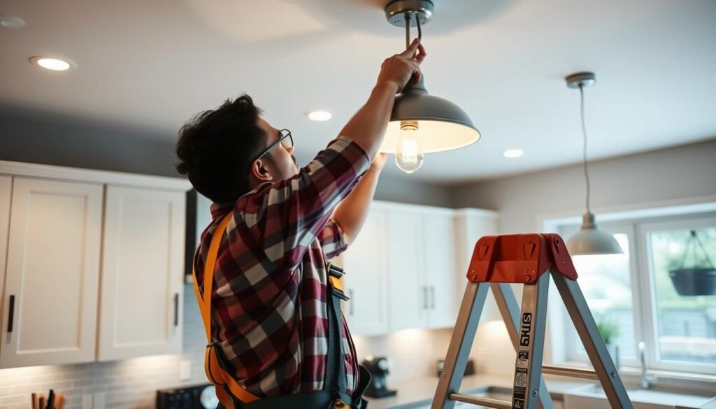 Electrician installing pendant light above kitchen island Electrician installing pendant light above kitchen island