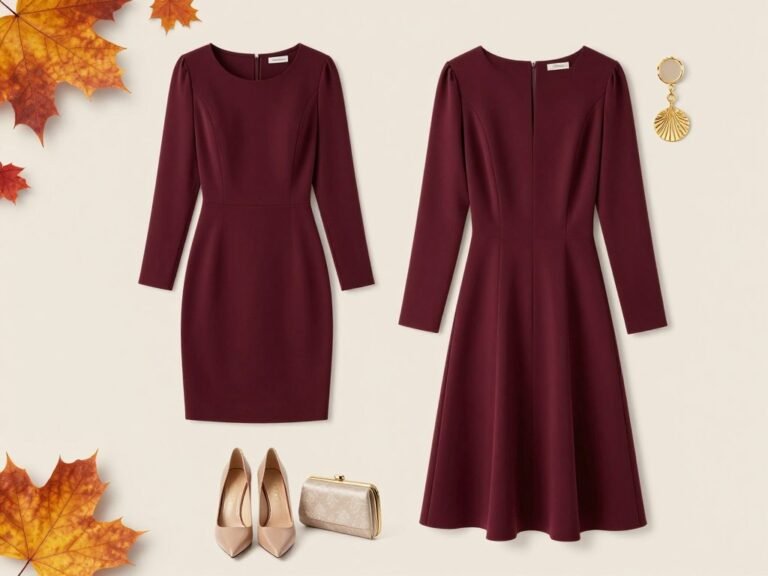 Elegant fall wedding guest outfit with burgundy midi dress and gold accessories