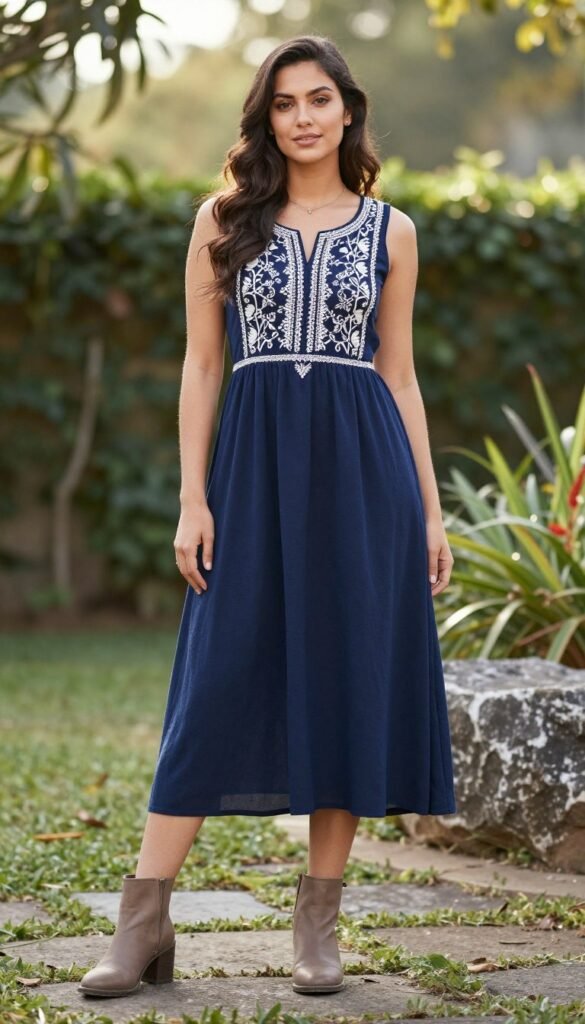 Elegant midi dress in bohemian style for wedding guest