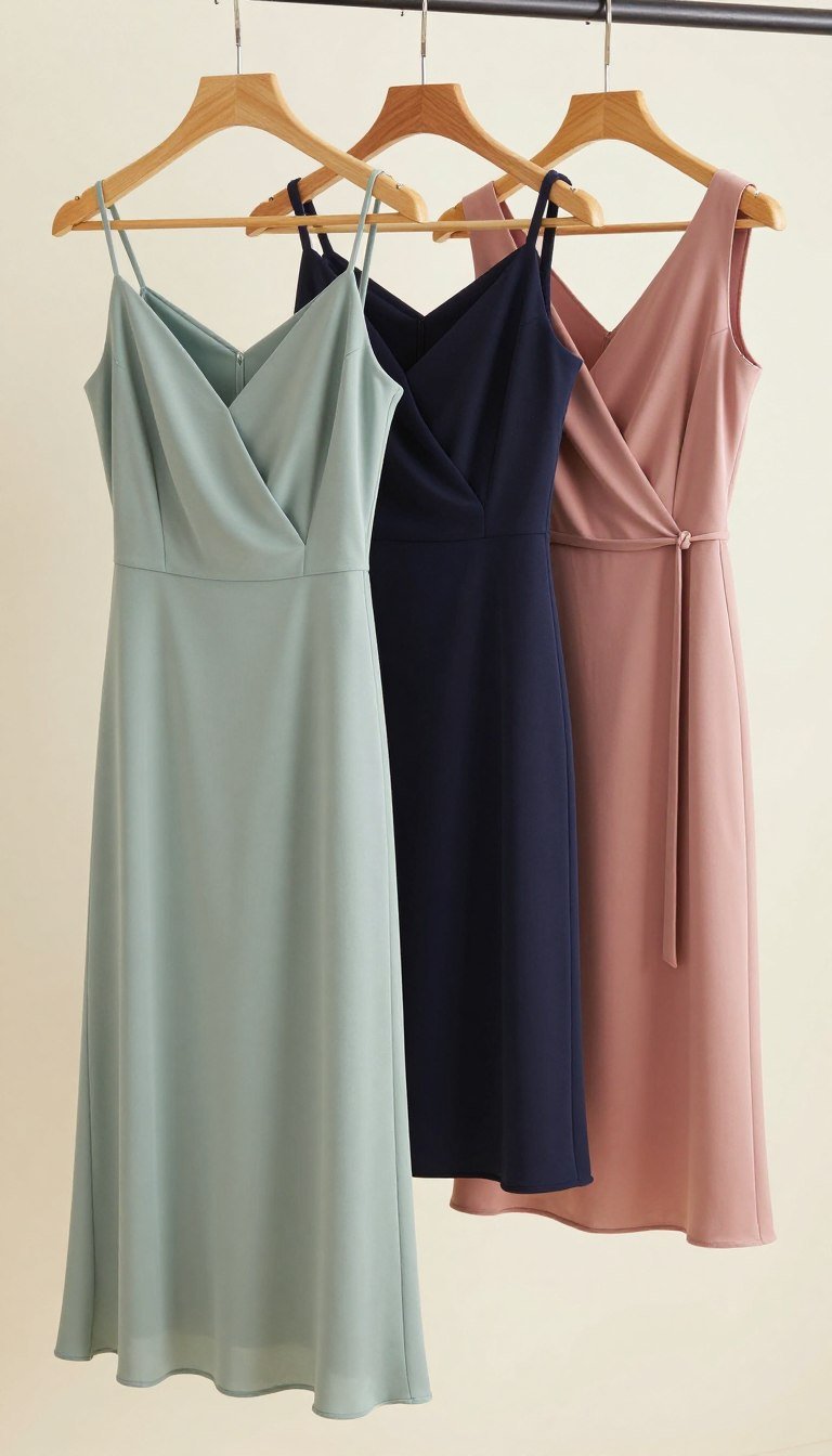 Elegant semi formal dresses for wedding guest displayed on hangers