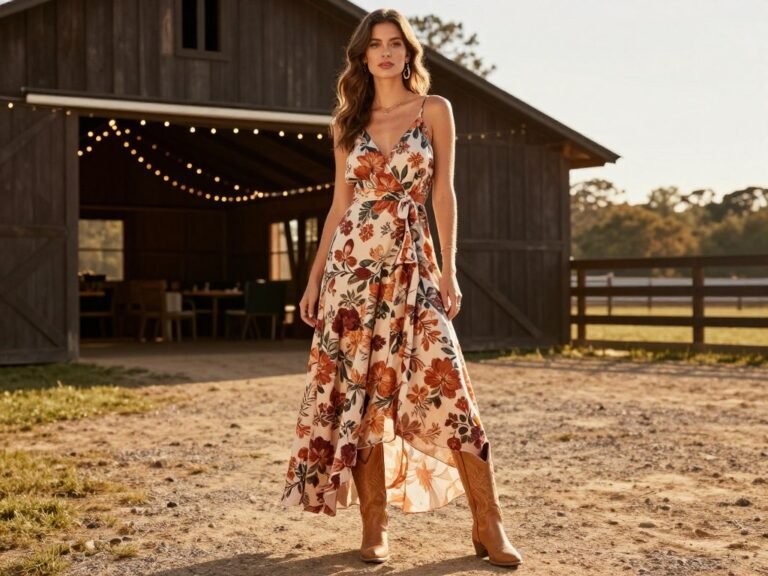 Elegant western wedding guest outfit featuring floral maxi dress with cowboy boots at rustic barn venue