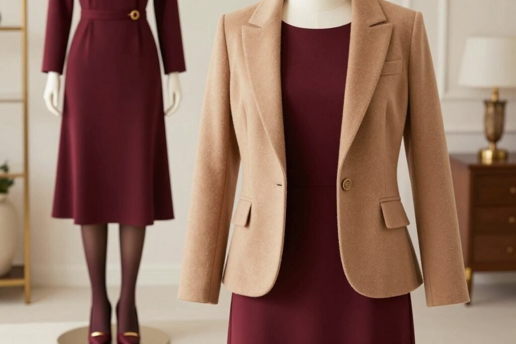 Fall wedding guest layering outfit with blazer and dress Fall wedding guest layering outfit with blazer and dress