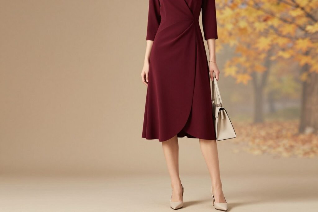Fall wedding guest midi dress outfit with burgundy wrap style Fall wedding guest midi dress outfit with burgundy wrap style