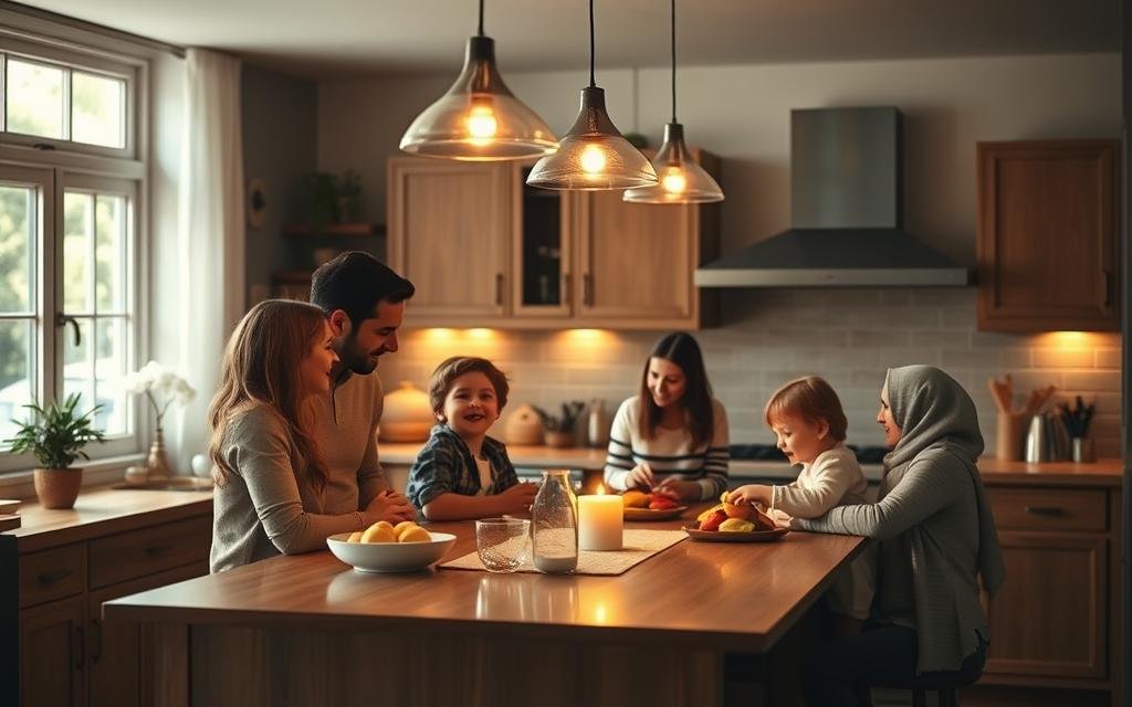 Family gathered around well-lit kitchen island Family gathered around well-lit kitchen island
