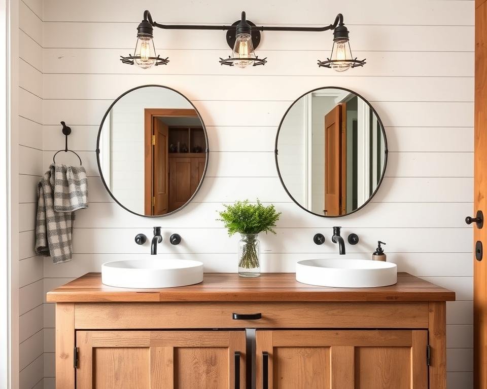 Farmhouse bathroom with rustic vanity lighting and wood elements Farmhouse bathroom with rustic vanity lighting and wood elements