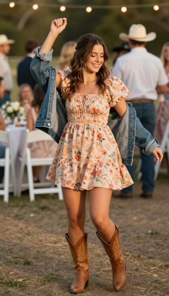 Flirty mini dress western wedding guest outfit for casual celebrations