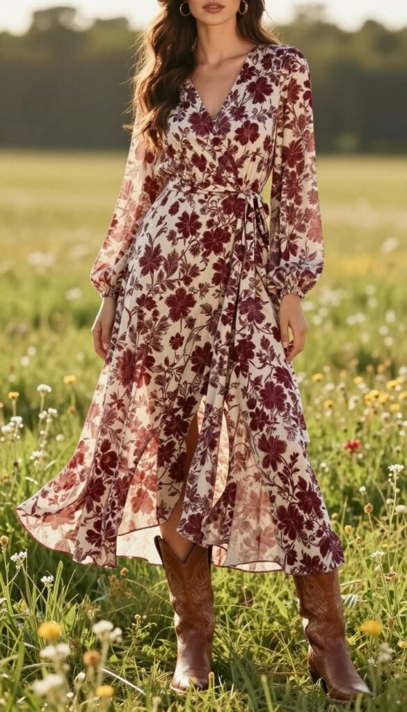Floral maxi dress western wedding guest outfit styled with cowboy boots