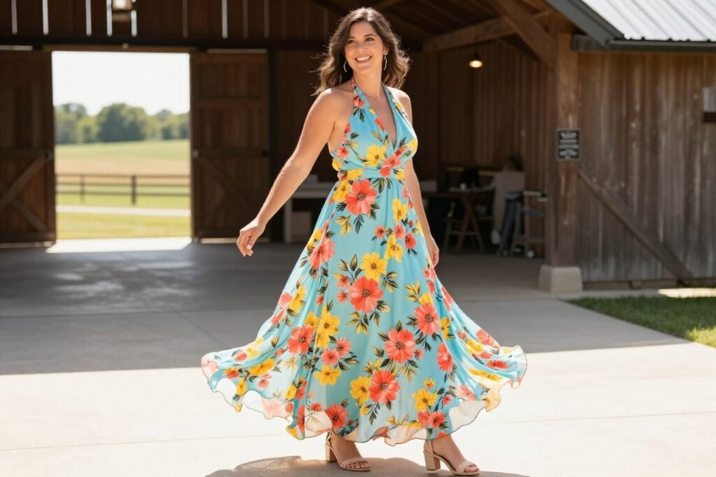 Floral summer maxi dress western wedding guest outfit