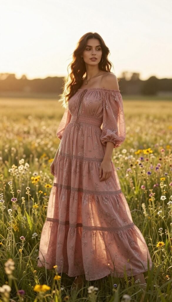 Flowy maxi dress in bohemian style perfect for wedding guest