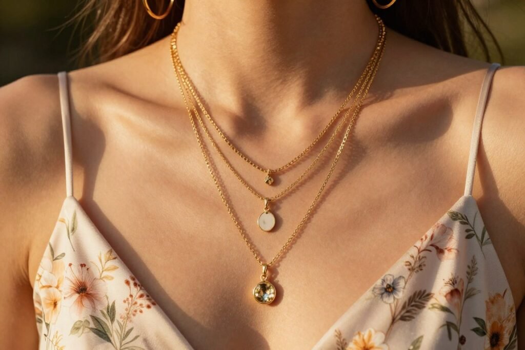 Gold statement jewelry with western wedding guest dress