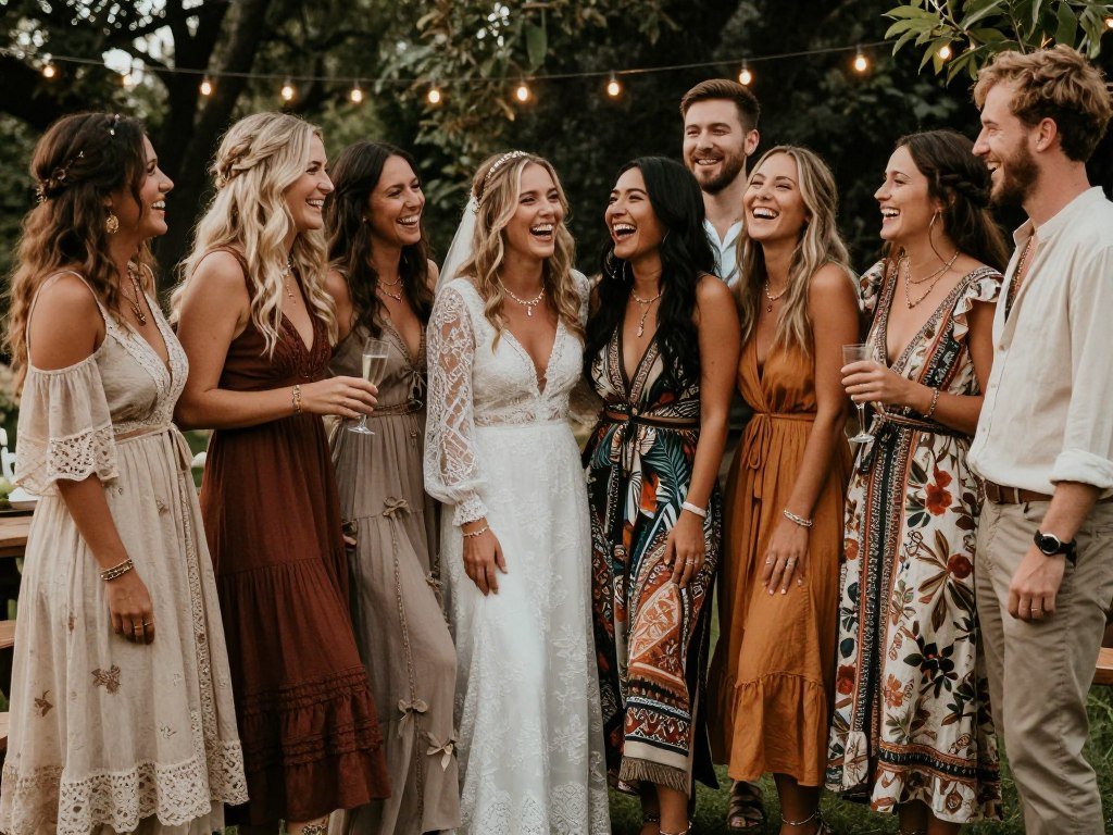 Happy wedding guests in bohemian attire celebrating together