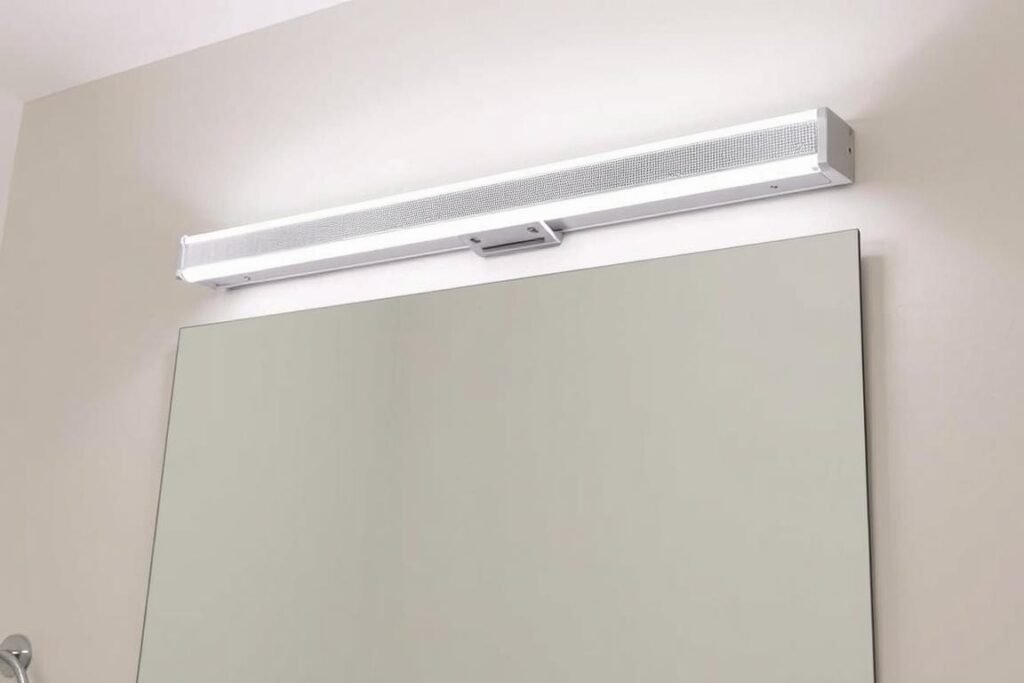 Horizontal vanity light mounted above bathroom mirror Horizontal vanity light mounted above bathroom mirror
