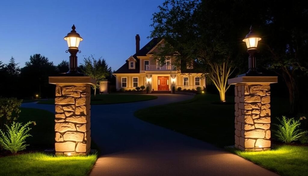 Illuminated post lights marking driveway entrance at twilight Illuminated post lights marking driveway entrance at twilight