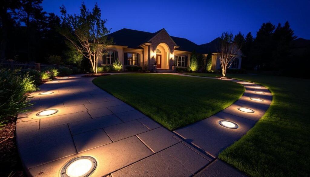 Illuminated walkway with landscape pathway lights leading to front door Illuminated walkway with landscape pathway lights leading to front door