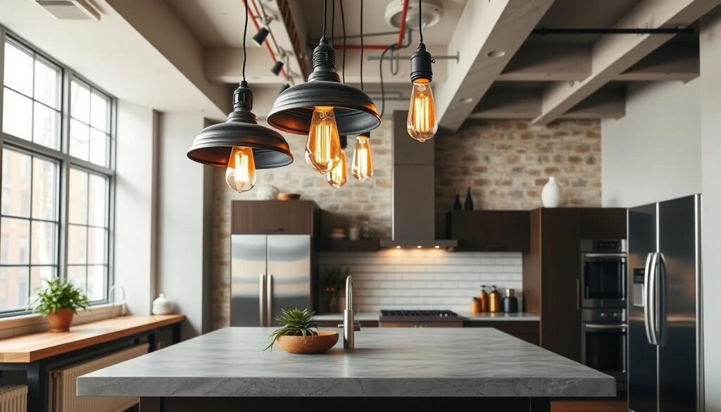 Industrial metal pendant lights with exposed bulbs over concrete island Industrial metal pendant lights with exposed bulbs over concrete island