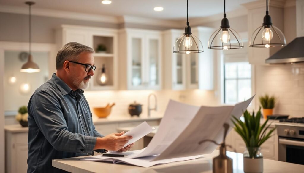 Kitchen designer consulting with homeowner about island lighting Kitchen designer consulting with homeowner about island lighting