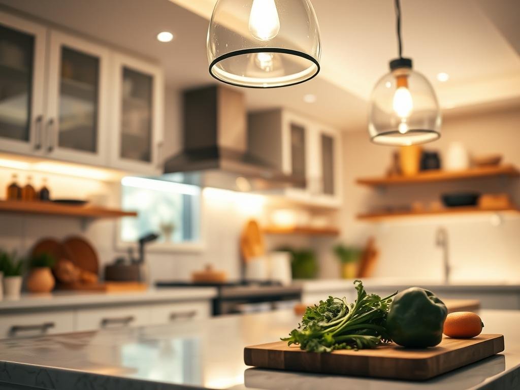 Kitchen island lighting illuminating food preparation area with ambient glow Kitchen island lighting illuminating food preparation area with ambient glow