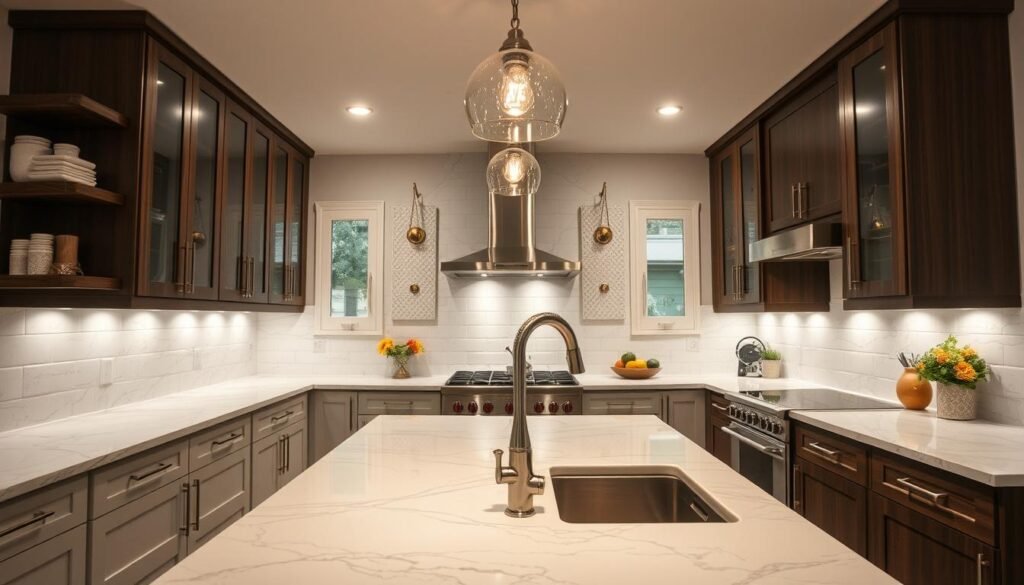Kitchen showing coordinated lighting fixtures and design elements Kitchen showing coordinated lighting fixtures and design elements