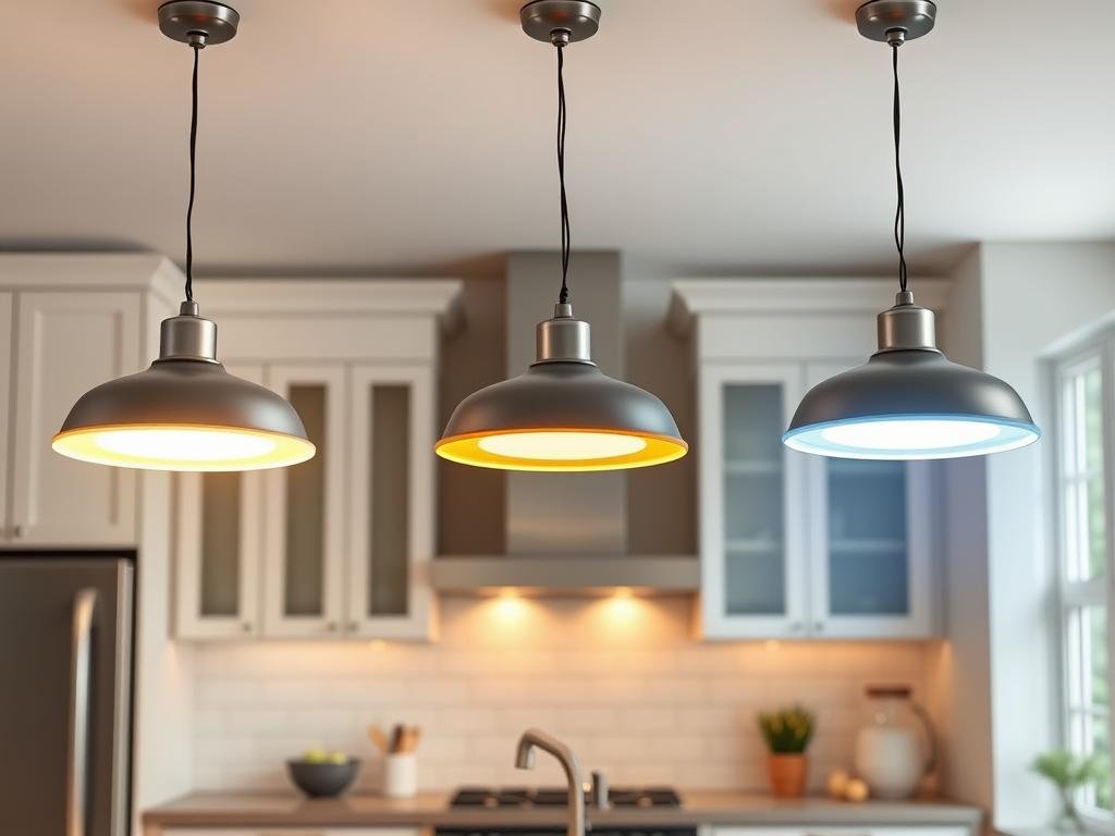 Kitchen showing different LED color temperatures in pendant lights Kitchen showing different LED color temperatures in pendant lights