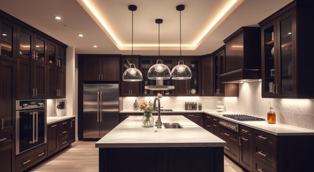 Kitchen showing layered lighting design with multiple fixture types Kitchen showing layered lighting design with multiple fixture types
