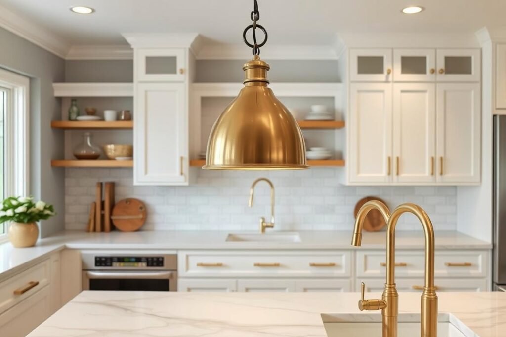 Kitchen showing matching brass lighting and cabinet hardware Kitchen showing matching brass lighting and cabinet hardware