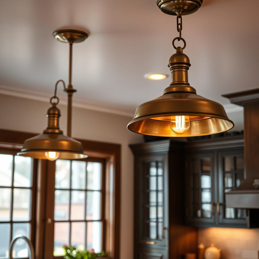 Kitchen with warm brass and bronze light fixtures Kitchen with warm brass and bronze light fixtures