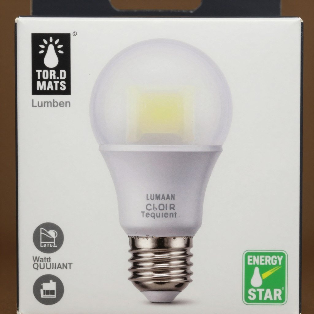 LED bulb packaging showing lumens and watt equivalent LED bulb packaging showing lumens and watt equivalent