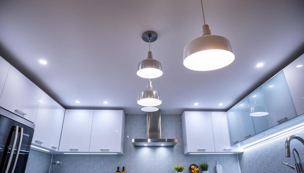 LED light fixtures in modern kitchen showing energy efficient lighting LED light fixtures in modern kitchen showing energy efficient lighting