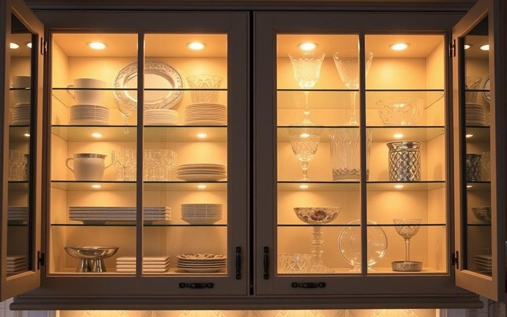 LED lights inside glass kitchen cabinets illuminating dishware LED lights inside glass kitchen cabinets illuminating dishware