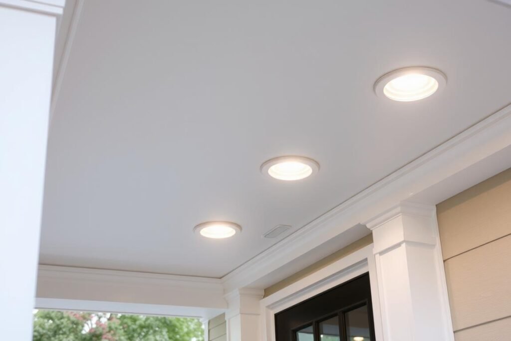 LED recessed lights in porch soffit creating downlight LED recessed lights in porch soffit creating downlight