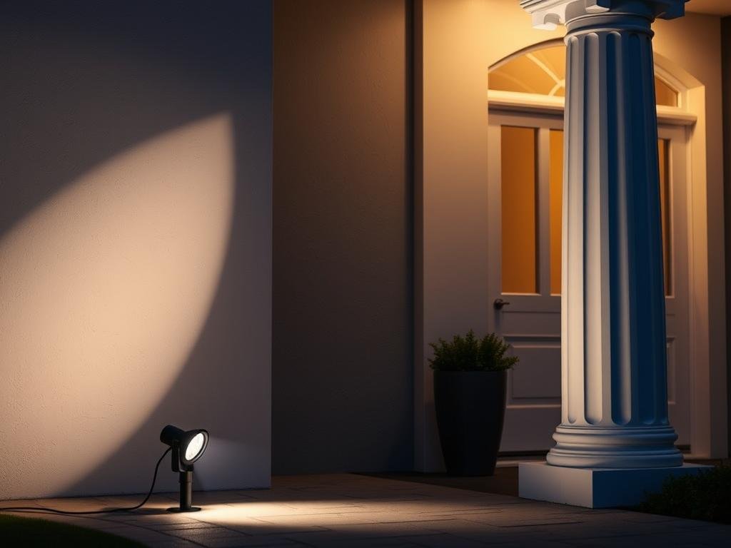 LED spotlight illuminating entrance column and creating dramatic shadows LED spotlight illuminating entrance column and creating dramatic shadows