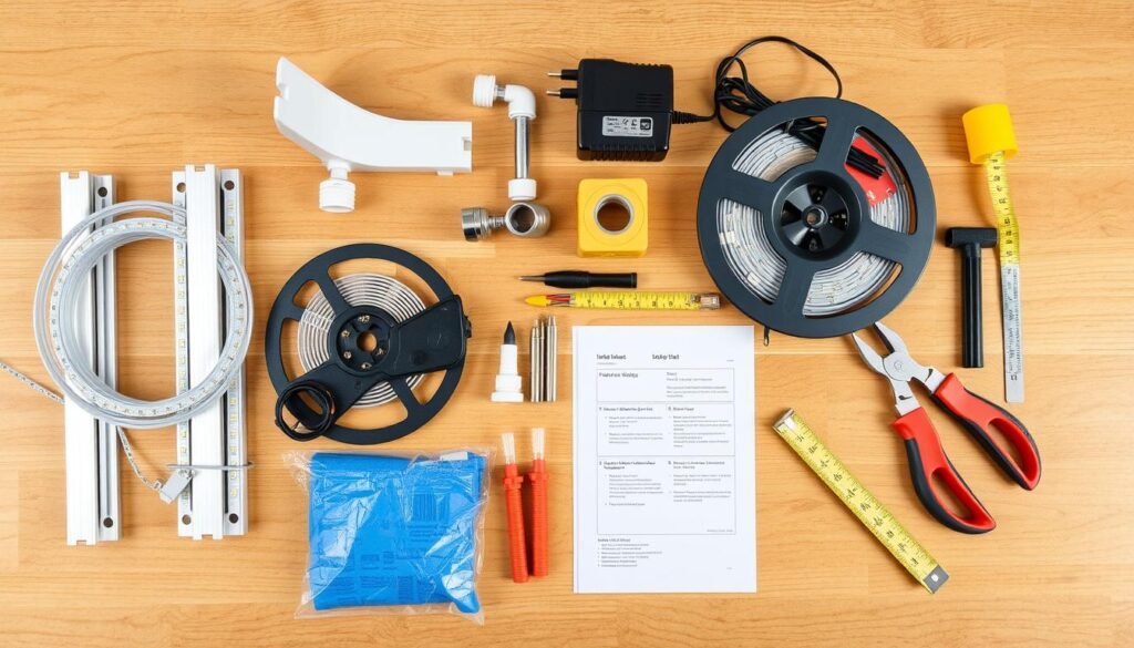 LED strip installation tools and materials laid out including strip lights, connectors, power supply LED strip installation tools and materials laid out including strip lights, connectors, power supply