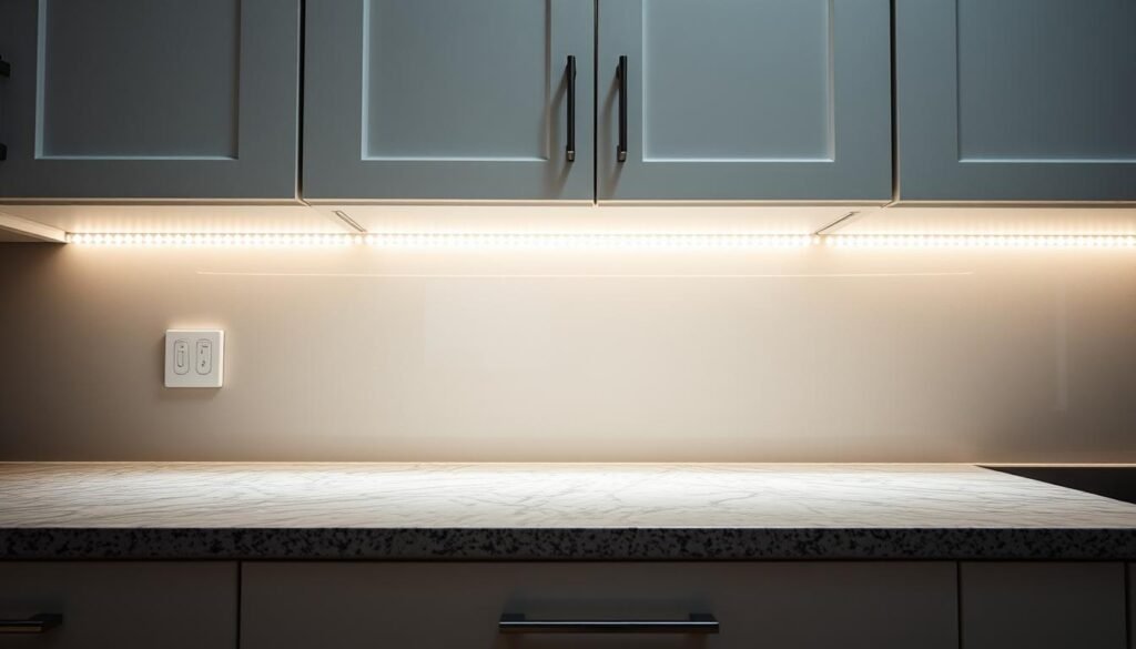 LED strip light installed under white kitchen cabinet showing continuous even lighting