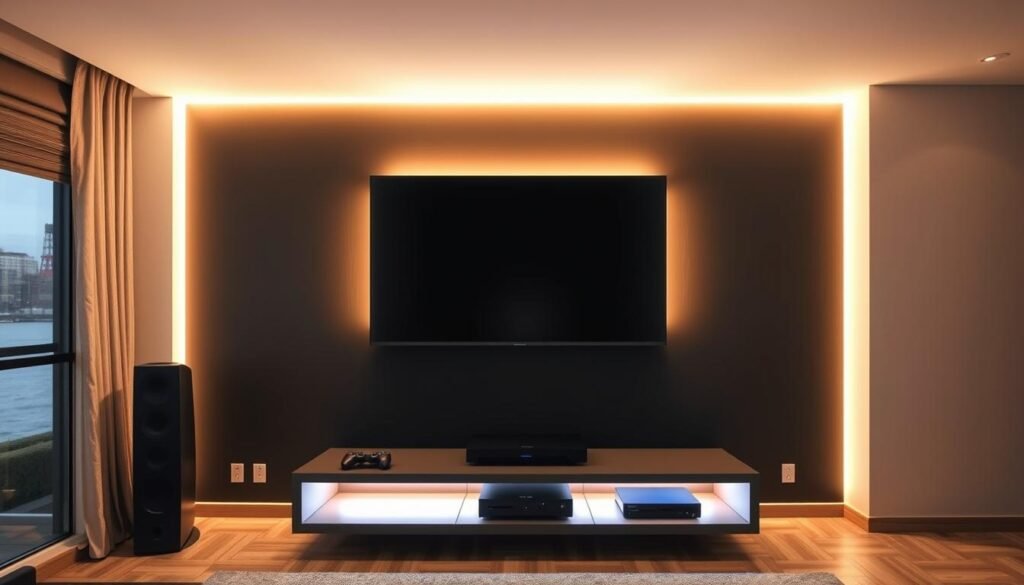 LED strip lighting behind TV creating floating effect and reducing eye strain in dark living room LED strip lighting behind TV creating floating effect and reducing eye strain in dark living room