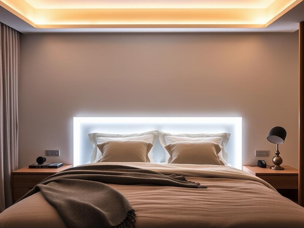 LED strip lighting behind bed headboard