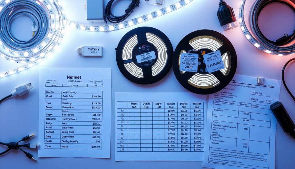 LED strip lighting materials with price tags showing budget planning LED strip lighting materials with price tags showing budget planning