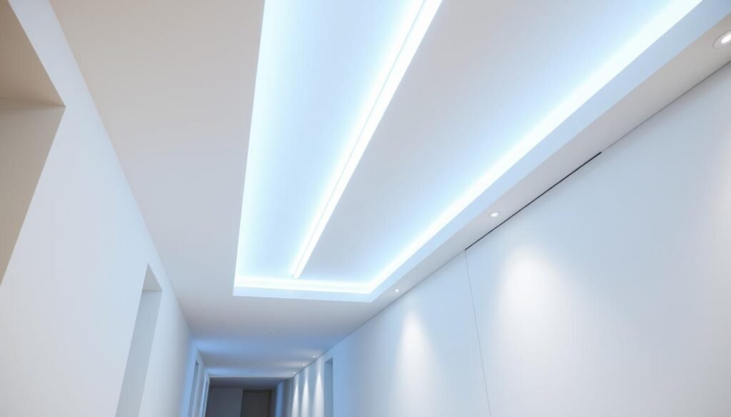 LED strip lights creating ambient glow along hallway ceiling cove