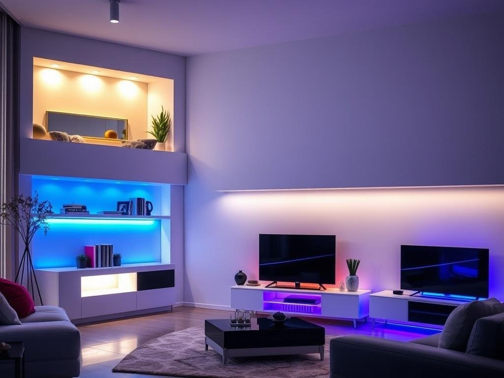 LED strip lights in various colors and brightness levels demonstrating versatility in living room setting LED strip lights in various colors and brightness levels demonstrating versatility in living room setting