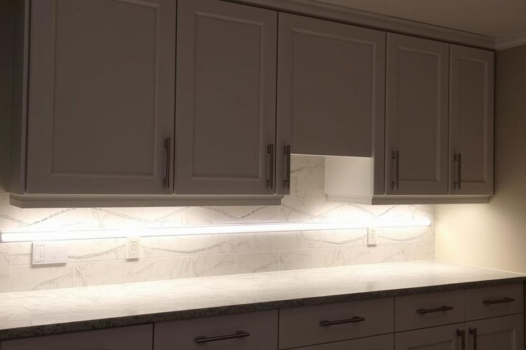 LED strip lights installed under kitchen cabinets LED strip lights installed under kitchen cabinets