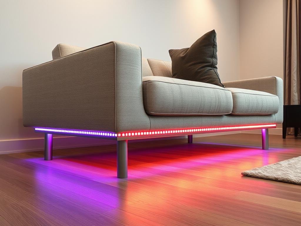 LED strip lights installed under modern sofa base showing installation method and glowing result LED strip lights installed under modern sofa base showing installation method and glowing result