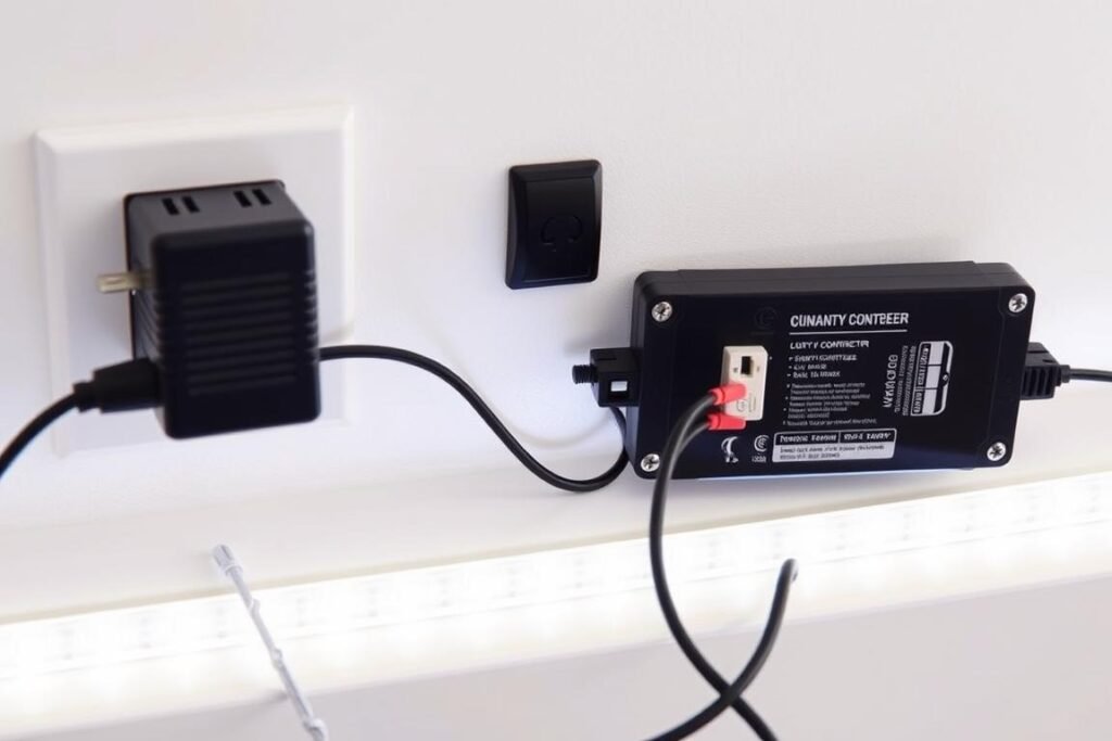 LED strip power supply and controller connections shown in detail LED strip power supply and controller connections shown in detail