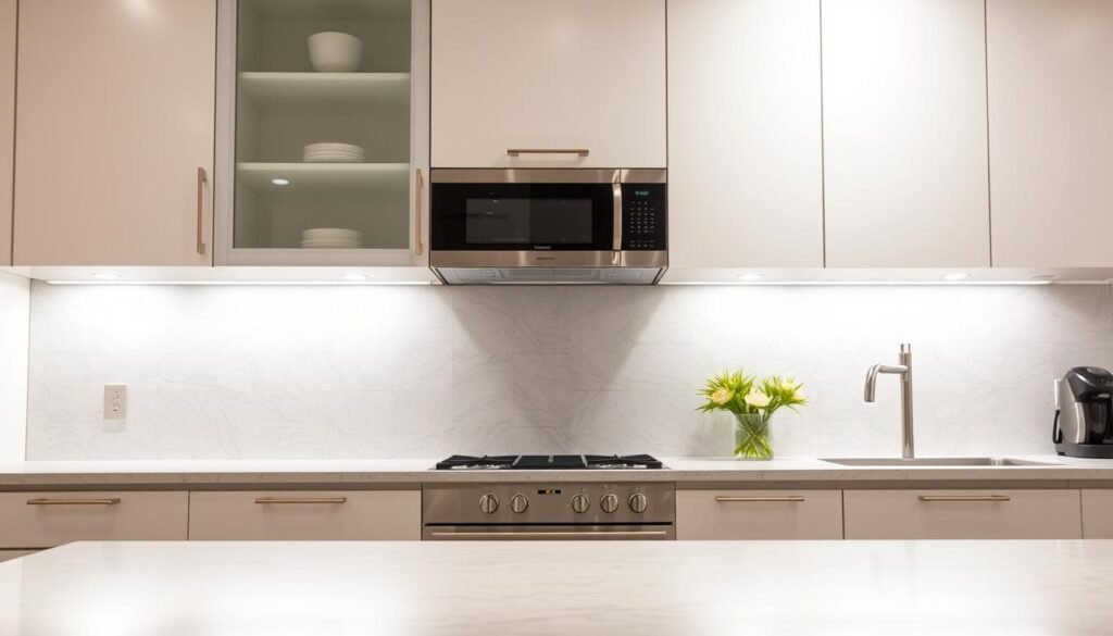 LED under-cabinet lighting illuminating kitchen counter