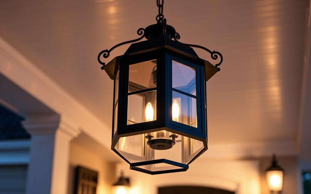 Large hanging lantern suspended from porch ceiling at entrance Large hanging lantern suspended from porch ceiling at entrance