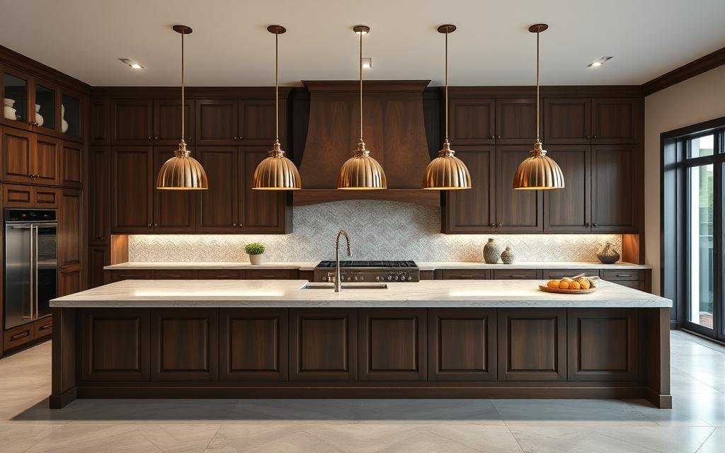 Large kitchen island with multiple pendant lights showing proper scale Large kitchen island with multiple pendant lights showing proper scale