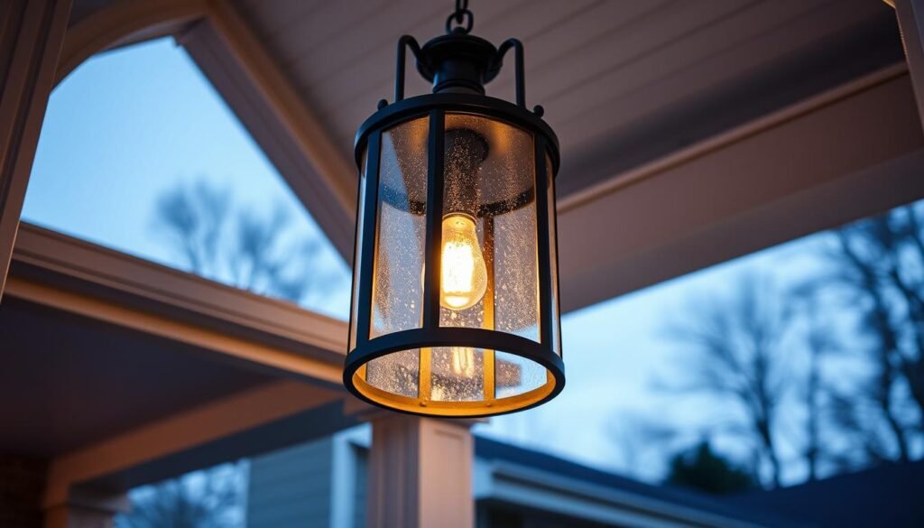 Large outdoor pendant light hanging in covered porch entrance area Large outdoor pendant light hanging in covered porch entrance area